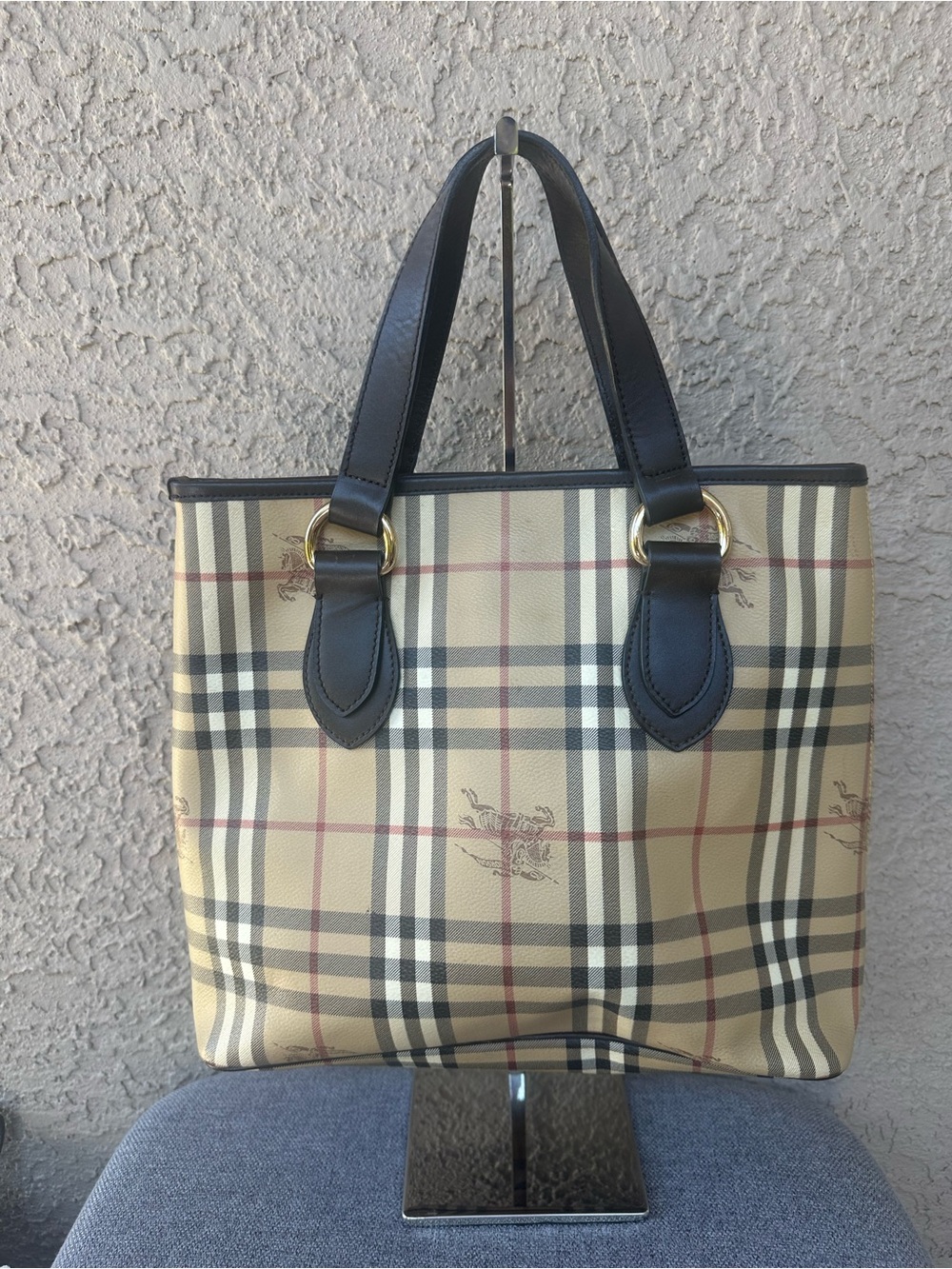 BURBERRY Classic Plaid Tote with Dark Brown Handles